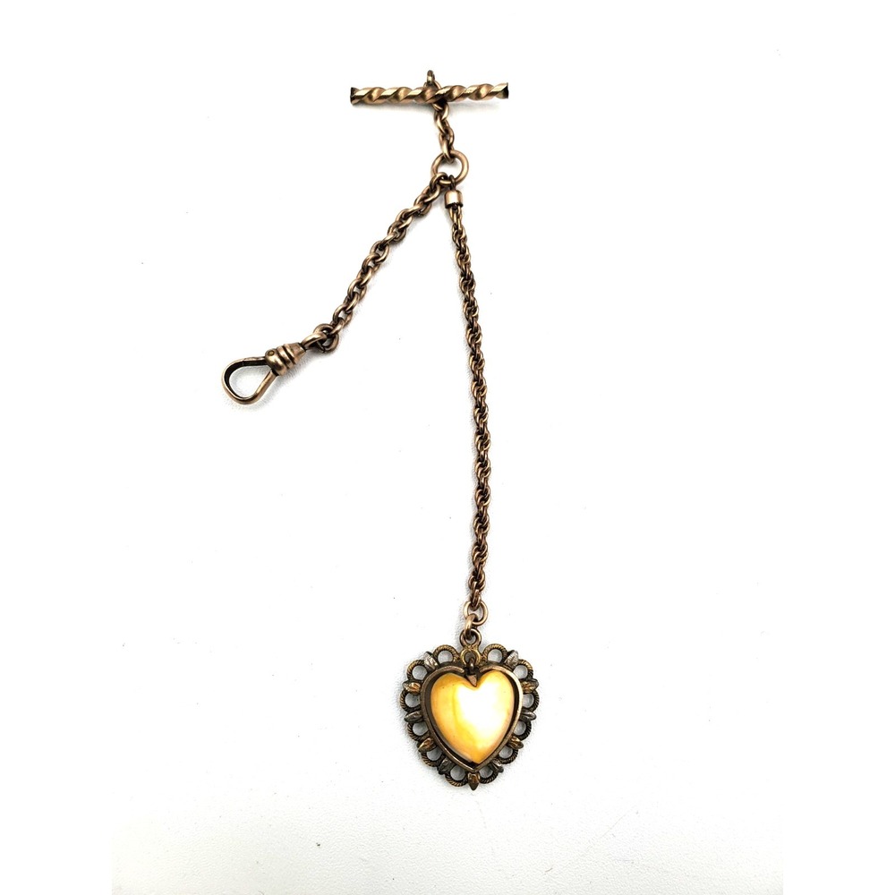 Antique Vintage Pocket Watch Chain Dangling Yellow Stone Heart Fob